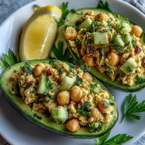 Fresh chickpea tuna salad stuffed into creamy avocado halves for a healthy, plant-based lunch.  