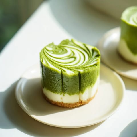 Vibrant Matcha Swirl Cheesecake Cups, swirled layers set in small cups, chilled and ready to serve beautifully.