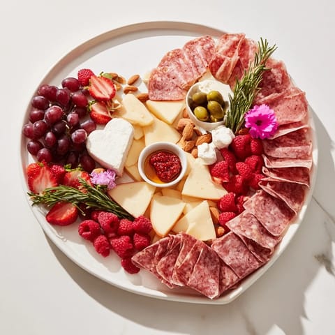 Heart-shaped charcuterie board overflowing with savory meats, cheeses, and fresh fruits, perfect for sharing.