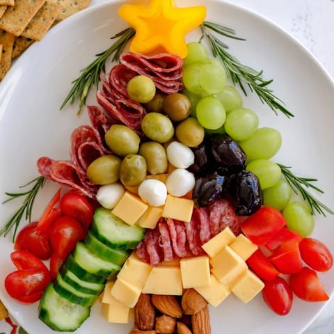 A festive Christmas Tree Snack Board, with vibrant red peppers and mozzarella; a delightful holiday appetizer.