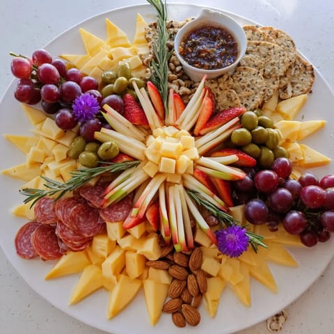 This festive star-shaped appetizer board showcases an array of tasty cheeses, charcuterie, and colorful fresh fruits.