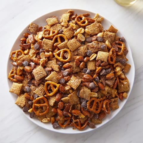 Sweet, sticky, and crunchy Festive Pine Cone Snack Mix, perfect for your winter get-togethers and parties.
