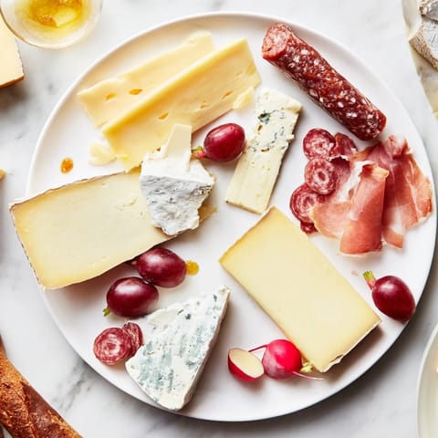 Cheval Heureux Snack Board: A bountiful appetizer, with cheeses, charcuterie, and fresh fruit ready to share.