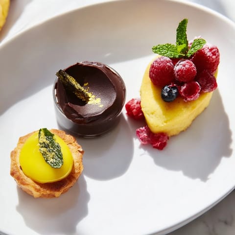 A delightful Assiette de Desserts Starry Delight features chocolate mousse and tiny lemon tartlets, ready to enjoy.