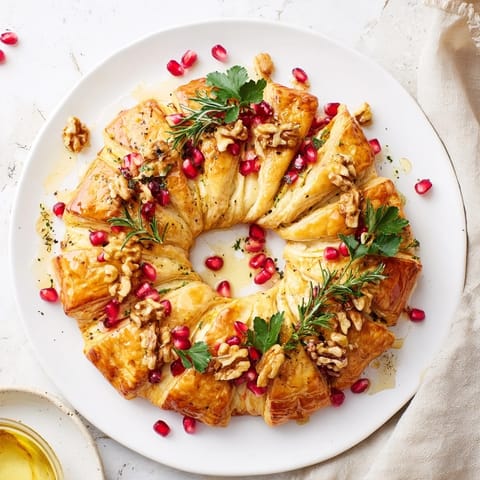 Festive Pomegranate and Brie Wreath, ready for serving, showcasing a lovely appetizer with holiday elegance.