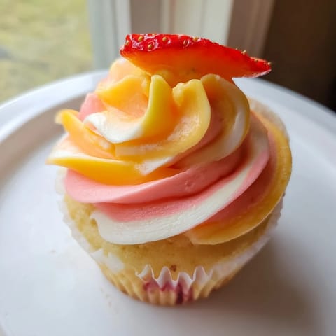 Golden baked Mango Strawberry Sunset Cupcakes, decorated with fresh strawberry slices, a delightful dessert.