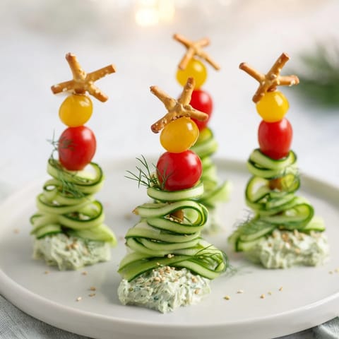 Vibrant spiral cucumber ribbon Christmas trees with creamy cheese and fresh herbs, ready for serving.