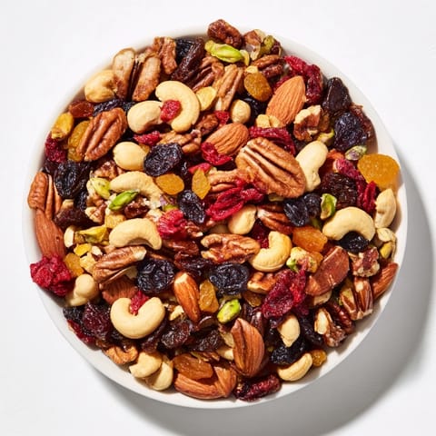 Vibrant close-up of the easy party assorted nuts and dried fruit mix, ready to eat.