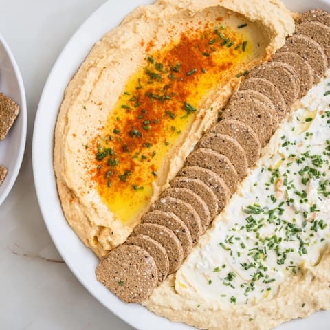 Two bowls of Easy Dips: creamy hummus and yogurt dip side by side with crackers.