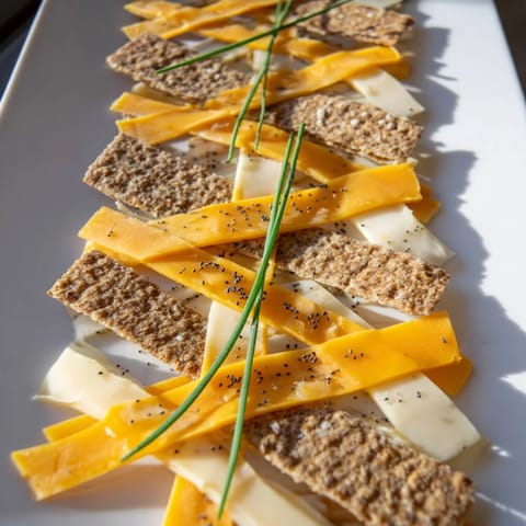 This tempting The Garden Gate Lattice appetizer features woven cheese and cracker strips, ready for your enjoyment.