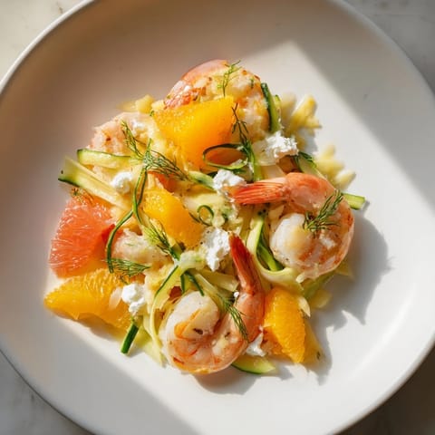 Colorful "The Coral Reef" main dish featuring perfectly cooked shrimp and bright citrus segments.