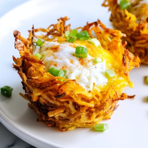 These baked Crispy Hashbrown Egg Nests showcase perfectly set eggs nestled in golden potato cups, ready to eat.