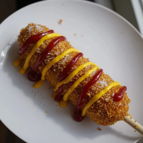 Freshly fried Korean corn dogs, coated in panko, awaiting a drizzle of ketchup and mustard.
