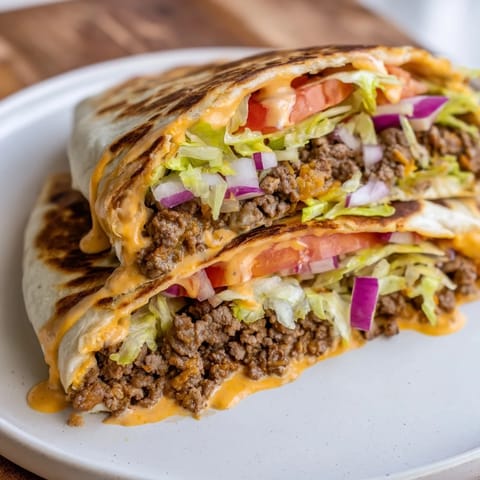 Close-up of a perfectly grilled Taco Bell Crunchwrap Supreme, with fresh, colorful veggie toppings.