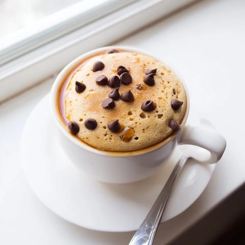 Warm chocolate chip microwave mug pancakes with a gooey center, shown fresh from the microwave as a quick satisfying snack.