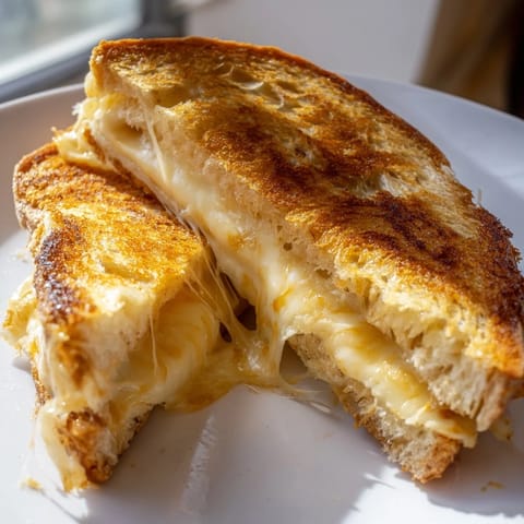 Hot Three-Cheese Grilled Cheese on sourdough, served alongside a comforting bowl of tomato soup for dipping.