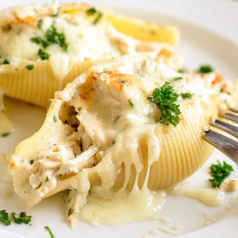 Plump pasta shells filled with creamy chicken Alfredo and topped with melted cheese, ready to be served alongside a crisp green salad.  