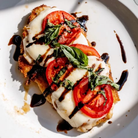 A close-up view of a finished Caprese Chicken Skillet, featuring juicy chicken breasts layered with creamy mozzarella, vibrant tomatoes, and fragrant basil.  