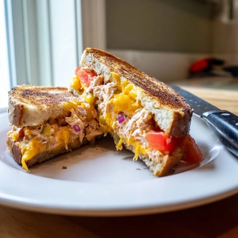 Golden-brown grilled Spicy Tuna Melt oozing melted cheddar cheese and spicy tuna salad on toasted sourdough.