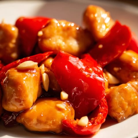 A close-up shot of Sheet Pan Honey Garlic Chicken with juicy pieces and vibrant caramelized vegetables, served over fluffy white rice.