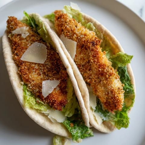 Warm pita bread stuffed with crunchy herbed chicken cutlets and creamy Caesar salad, a satisfying dinner option.