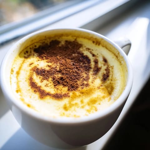 A comforting cup of Turmeric and Ginger Golden Milk beside honey and a cinnamon stick.