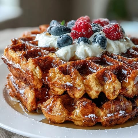 Sizzling Anti-Inflammatory Adaptogenic Turmeric Waffles fresh from the waffle iron, showcasing their vibrant golden hue and crisp edges ready to be served with yogurt and honey.