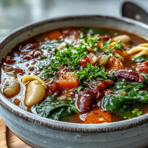 A close-up of a steaming bowl of Minestrone Soup, showcasing colorful vegetables, beans, and pasta in a rich tomato broth.