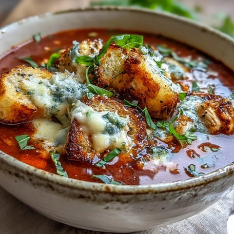 Steaming bowl of Grilled Chicken Parmesan Soup with melted cheese and fresh basil garnish.