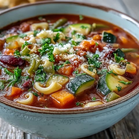 Steaming bowl of Minestrone Soup filled with colorful vegetables and beans.