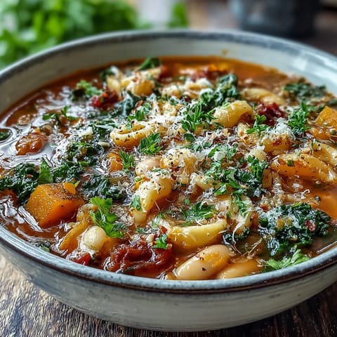 Ladle of Winter Minestrone Soup With Butternut Squash and Kale with beans and pasta, served alongside crusty artisan bread for dipping.