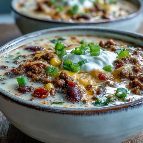 A hearty Creamy Taco Soup simmering in a pot, featuring ground beef, beans, and corn in a rich broth.