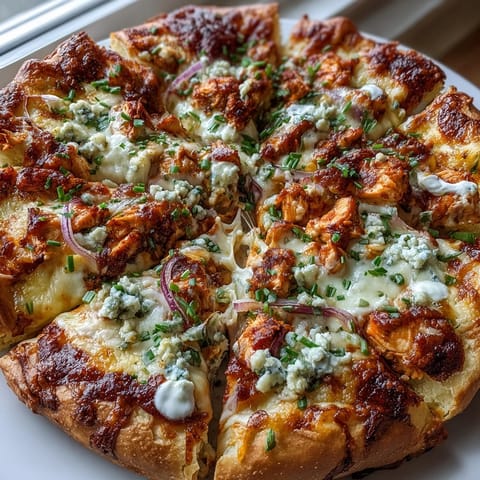 Spicy shredded buffalo chicken topped with cheddar, blue cheese crumbles, and chives on a crispy homemade-style pizza crust.