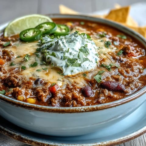 A close-up of Taco Soup in a rustic bowl, topped with cheddar, sour cream, and crispy tortilla strips.