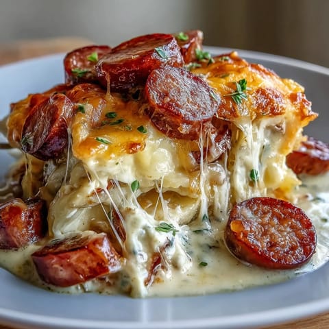 Sliced smoky kielbasa and pillowy potato pierogi bake together in a rich, creamy sauce.