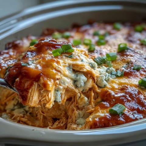 Spicy shredded chicken dip in a slow cooker, finished with scallions and ready for game day gatherings.