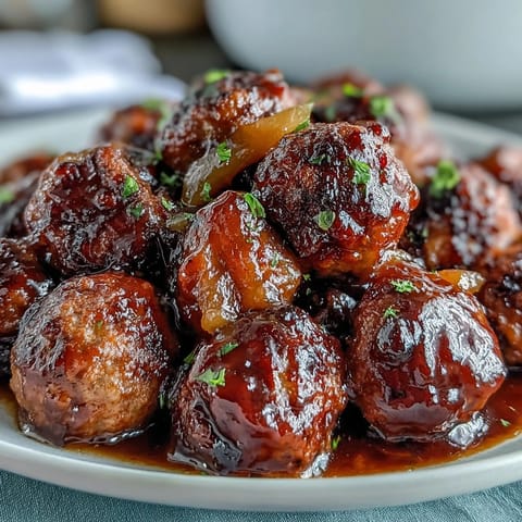 Savory beef meatballs coated in a sticky, sweet and sour sauce, perfect for a busy weeknight dinner. 