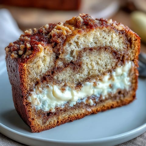 A thick slice of Cream Cheese Cinnamon Swirl Banana Bread on a plate with a cup of coffee for breakfast.