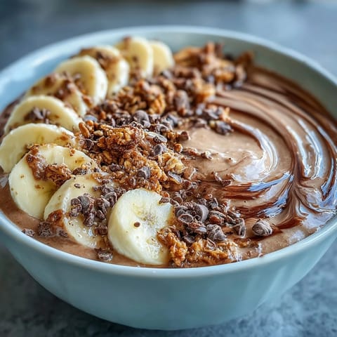 Creamy Chunky Monkey Smoothie Bowls drizzled with peanut butter and sprinkled with hemp seeds.