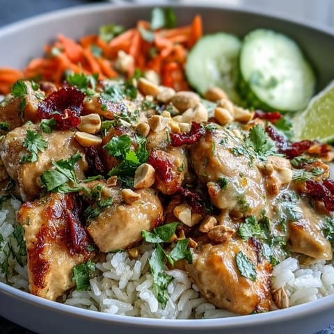 Thai Peanut Chicken Bowl with tender chicken, coconut rice, crisp veggies, and creamy spicy peanut sauce.