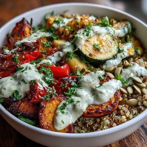 Warm, nourishing bowl of Lentil Power Bowl featuring vibrant roasted veggies over grains, topped with pumpkin seeds and parsley.
