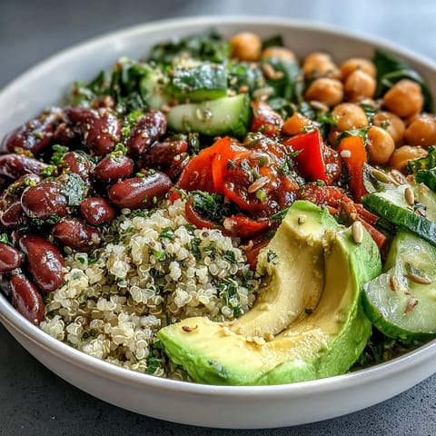 This protein-packed Three-Bean Power Bowl features chickpeas, black beans, and a zesty vinaigrette for a healthy lunch.