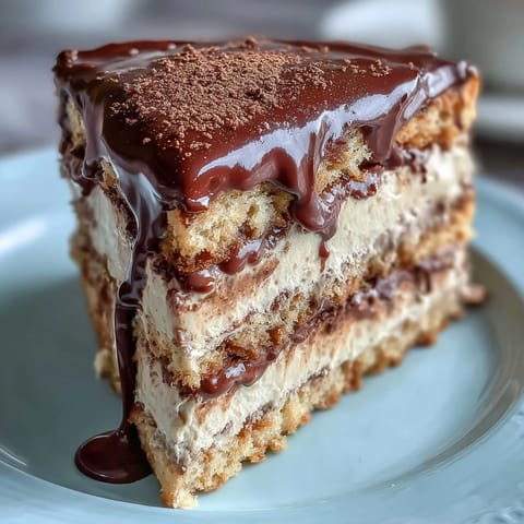 Close-up of sliced Hojicha Butter Cream Cake revealing moist sponge layers, nutty roasted tea buttercream, and glossy dark chocolate ganache drips.