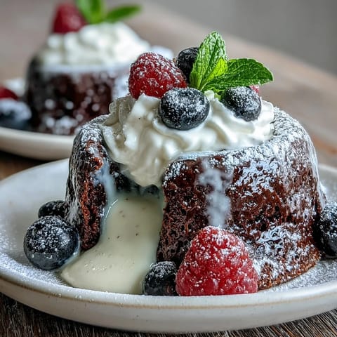 Hojicha White Chocolate Lava Cake with a molten center, dusted with powdered sugar on a rustic plate.