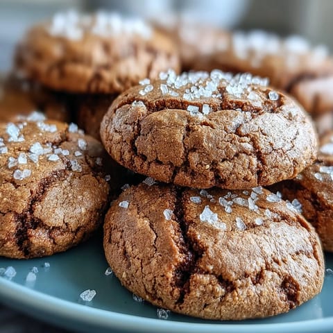 Close-up of golden-brown Hojicha Brown Butter Cookies on a wire rack, sprinkled with flaky sea salt.