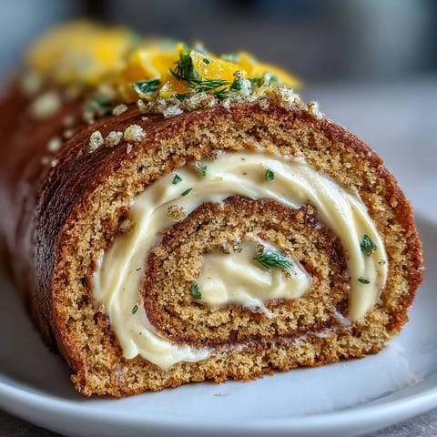 A close-up of a freshly sliced Hojicha Roll Cake reveals its tender sponge and vibrant mango ribbons, showcasing the roasted green tea dessert.