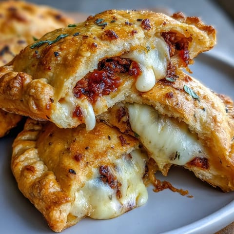 Golden-baked High Protein Pizza Hot Pockets rest on a cooling rack, showing flaky edges and melted mozzarella peeks. 