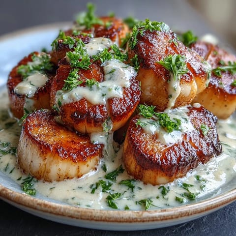 Golden-brown seared scallops topped with a creamy, spicy Cajun sauce garnished with fresh parsley.