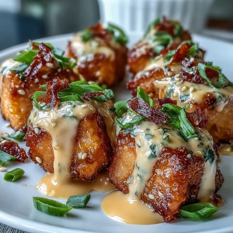 Golden-brown Bang Bang Salmon Bites glistening with creamy, spicy sauce and sesame seeds. 