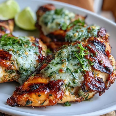 Juicy grilled chicken breasts marinated in tangy salsa verde, topped with creamy melted pepper Jack cheese.